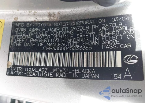 2004 Lexus Es 330 z USA, uszkodzony, nr VIN JTHBA30G045033365